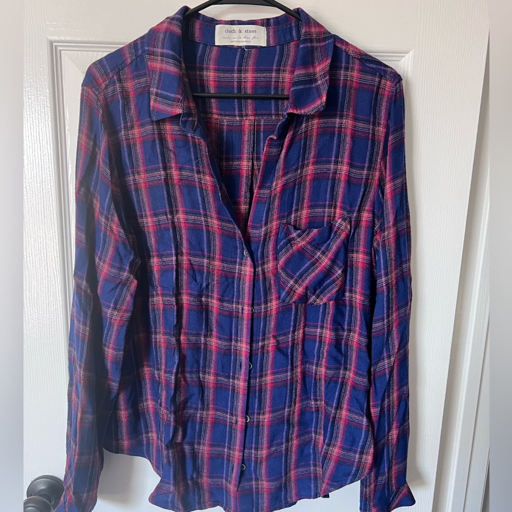 Anthropologie Cloth & Stone Women Plaid Button Up Red/Blue Rayon